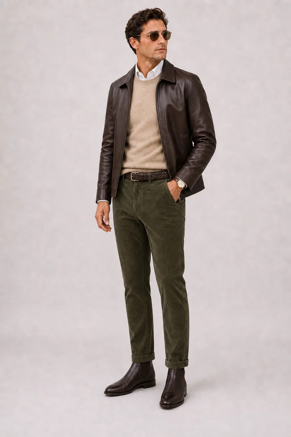 Klassisches Herrenoutfit: braune Lederjacke, beiger Pullover, olivgrüne Cordhose, Chelsea Boots